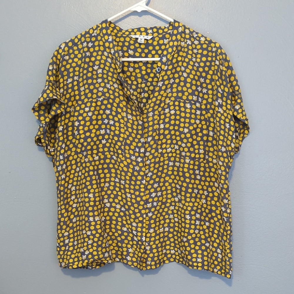 Cabi 100% Silk Yellow Polka Dot And Leaves Women's Button Down M With Pockets